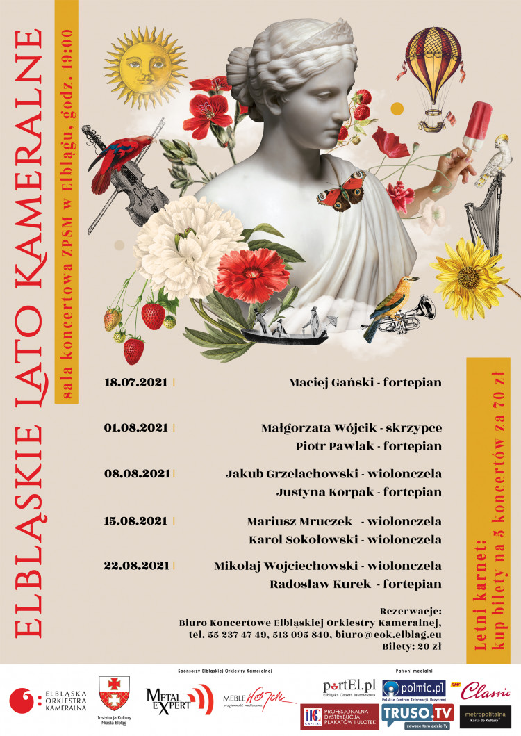 Plakat graficzny zapraszający na Elbląskie Lato Kameralne - Elbląg 2021. Na zdjęciu posąg kobiety a wokół niej kwiaty oraz program imprez w sezonie 2021.