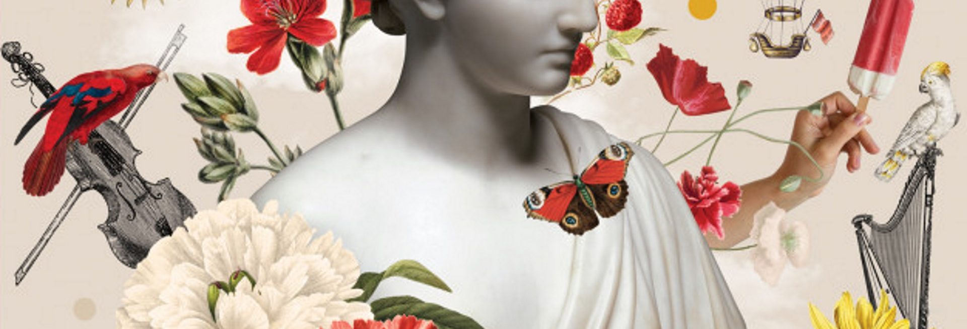 Plakat graficzny zapraszający na Elbląskie Lato Kameralne - Elbląg 2021. Na zdjęciu posąg kobiety a wokół niej kwiaty.