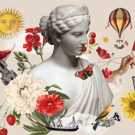 Plakat graficzny zapraszający na Elbląskie Lato Kameralne - Elbląg 2021. Na zdjęciu posąg kobiety a wokół niej kwiaty.