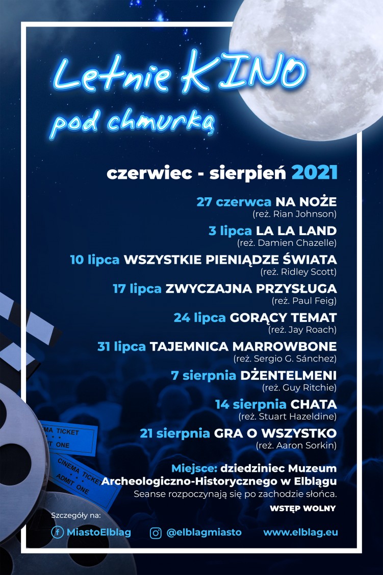 Plakat graficzny zapraszający na Letnie Kino pod Chmurką - Elbląg 2021. Na plakacie zdjęcie ziemi i napisy oraz program zapraszający na seanse filmowe w Elblągu. 