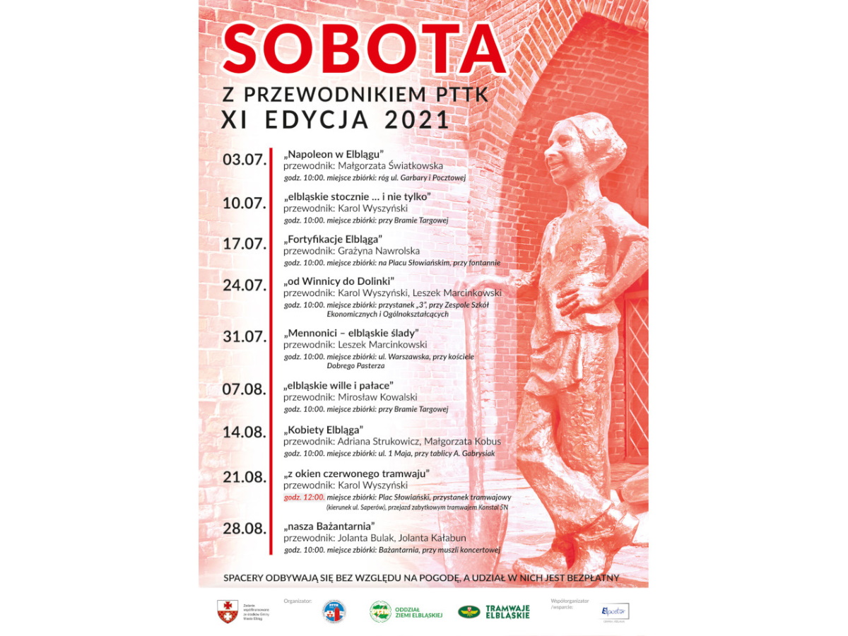 Plakat graficzny zapraszający do Elbląga na 11. edycję Soboty z Przewodnikiem PTTK - Elbląg 2021. Na plakacie napisy oraz program spotkań z przewodnikiem w roku 2021. 
