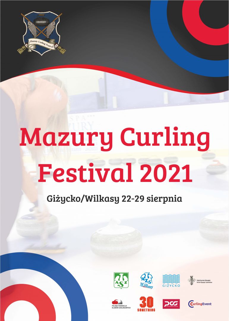 Plakat graficzny zapraszający do Giżycka i Wilkas na Mazury Curling Festival - Giżycko & Wilkasy 2021. Na plakacie napisy.
