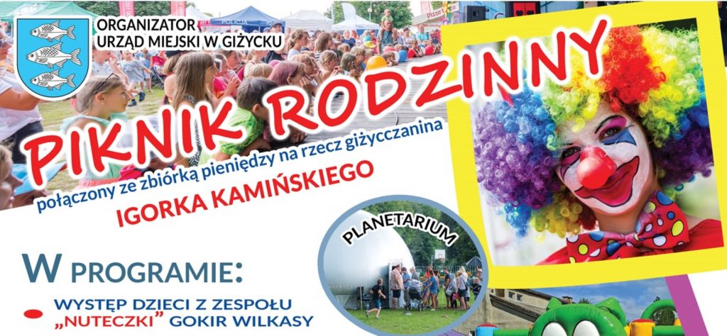Plakat graficzny zapraszający do Giżycka na Piknik Rodzinny - Giżycko 2021. Na plakacie zdjęcia z poprzedniej edycji imprezy - zdjęcie klauna, dzieci będących przy straganach oraz stojących w kolejce do letniego planetarium. 
