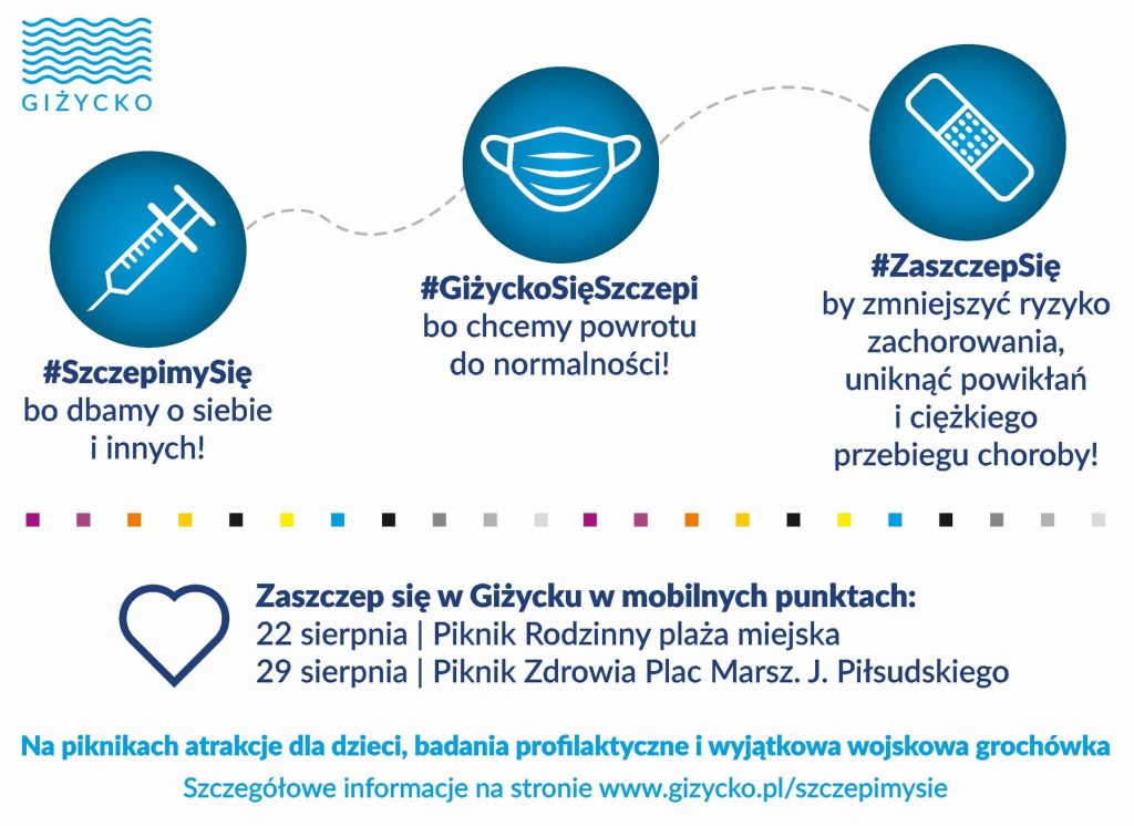 Plakat graficzny zapraszający do Giżycka na Piknik Zdrowia z atrakcjami - Giżycko 2021. Na plakacie napisy i program imprezy.  