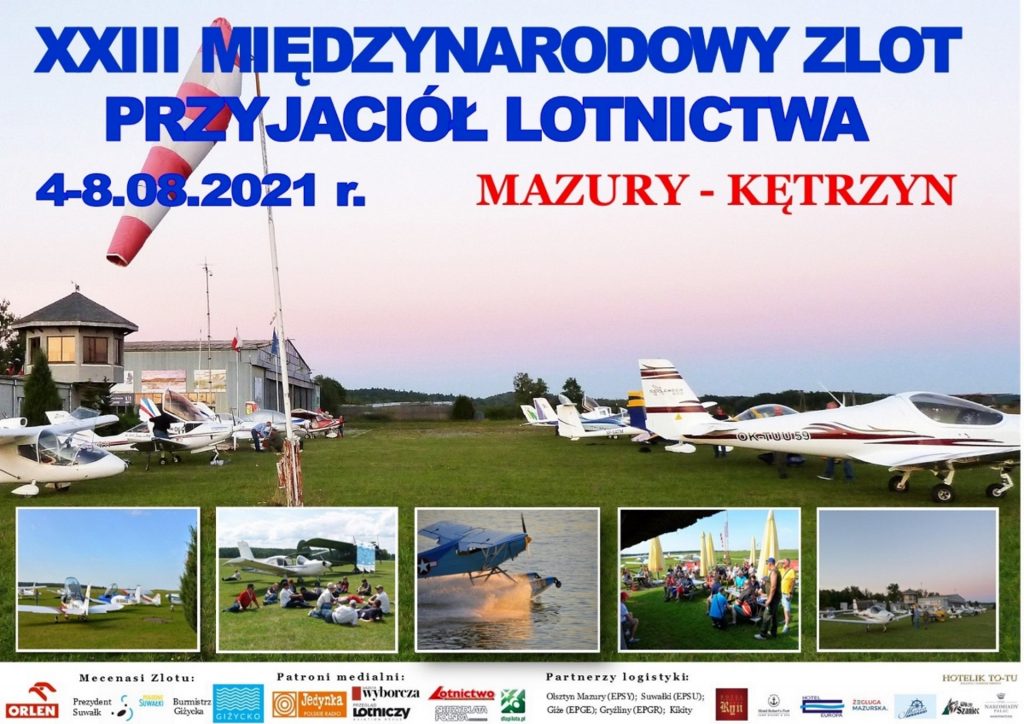 Plakat graficzny zapraszający do Kętrzyna na Międzynarodowy Zlotu Przyjaciół Lotnictwa - Kętrzyn 2021. Na plakacie duże zdjęcie samolotów stojących na lotnisku oraz poniżej pięć mniejszych zdjęć z poprzednich edycji zlotów na Lotnisku w Wilamowie.  