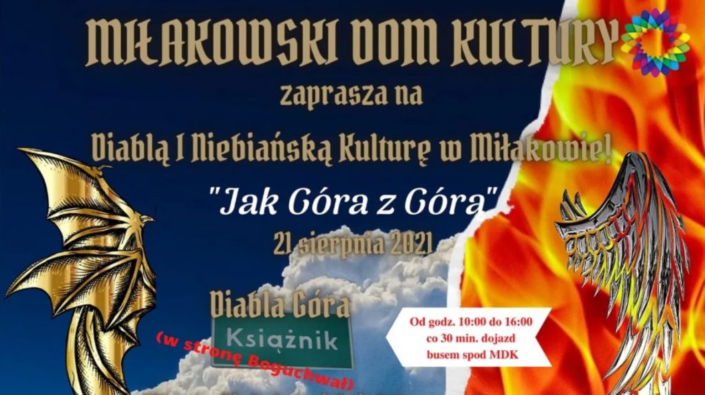 Plakat graficzny zapraszający do miejscowości Książnik w powiecie ostródzkim, w gminie Miłakowo na 2. edycję Diabelskiej i Niebiańskiej Kultury w Miłakowie "Jak Góra z Górą" - Książnik 2021. Na plakacie napisy oraz imitacja graficzna ognia i nietoperza.