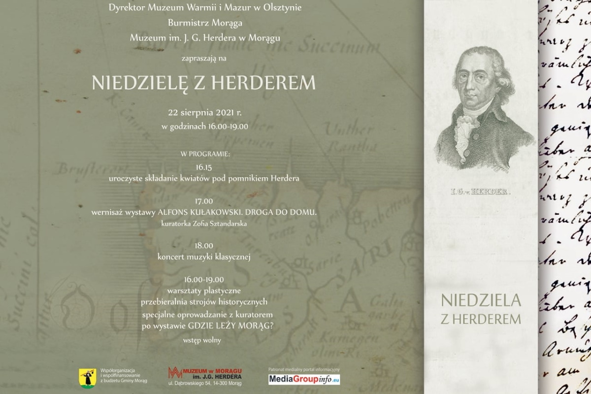 Plakat graficzny zapraszający do Morąga na cykliczną imprezę Niedziela z Herderem - Morąg 2021. Na plakacie szczegółowy program imprezy oraz zdjęcie Herdera.  