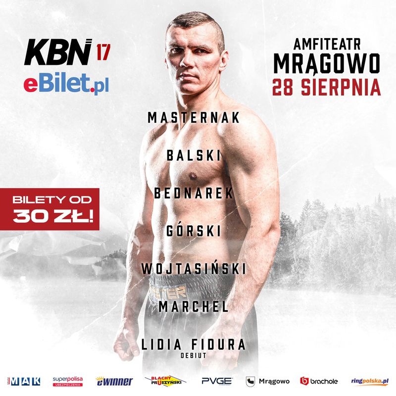 Plakat graficzny zapraszający do Mrągowa na Galę Knockout Boxing Night 17 - Mrągowo 2021. Na plakacie napisy oraz zdjęcie jednego ze sportowców występujących na gali.  
