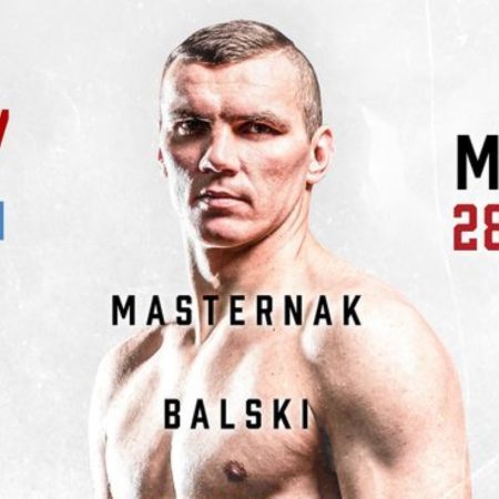 Plakat graficzny zapraszający do Mrągowa na Galę Knockout Boxing Night 17 - Mrągowo 2021. Na plakacie napisy oraz zdjęcie jednego ze sportowców występujących na gali.  