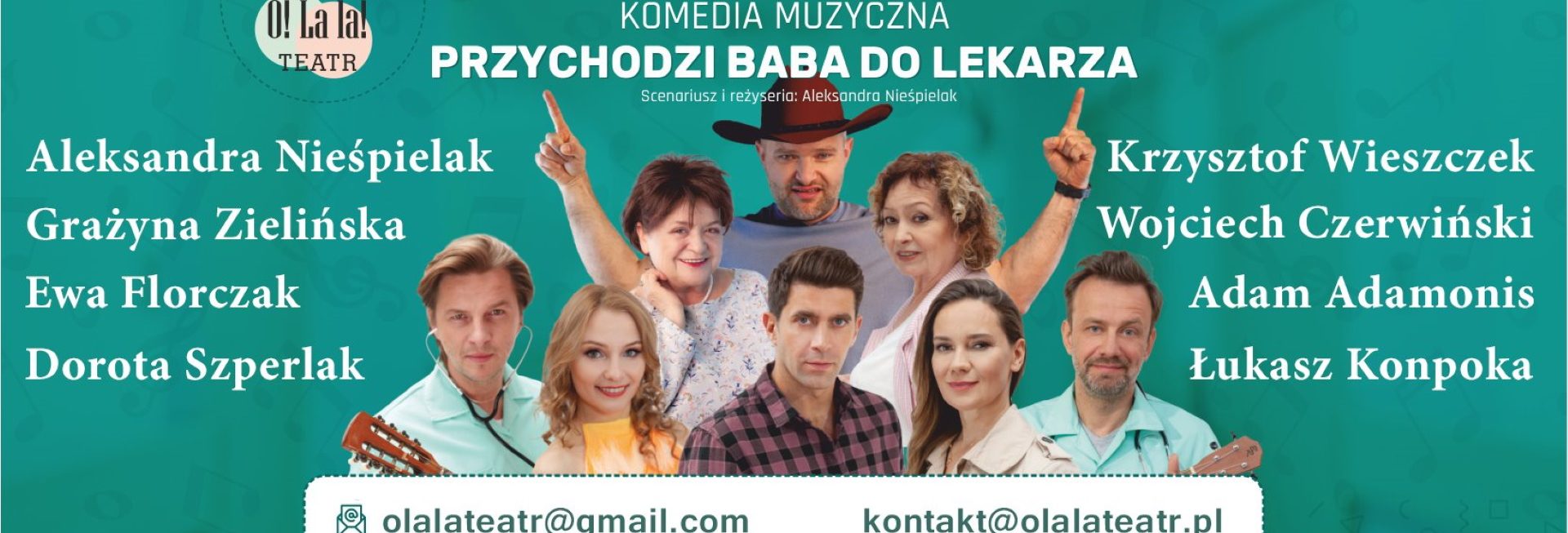 Plakat graficzny zapraszający do Olecka na spektakl komediowy "Przychodzi baba do lekarza". Na plakacie zdjęcia artystów i aktorów grających w przedstawieniu. 