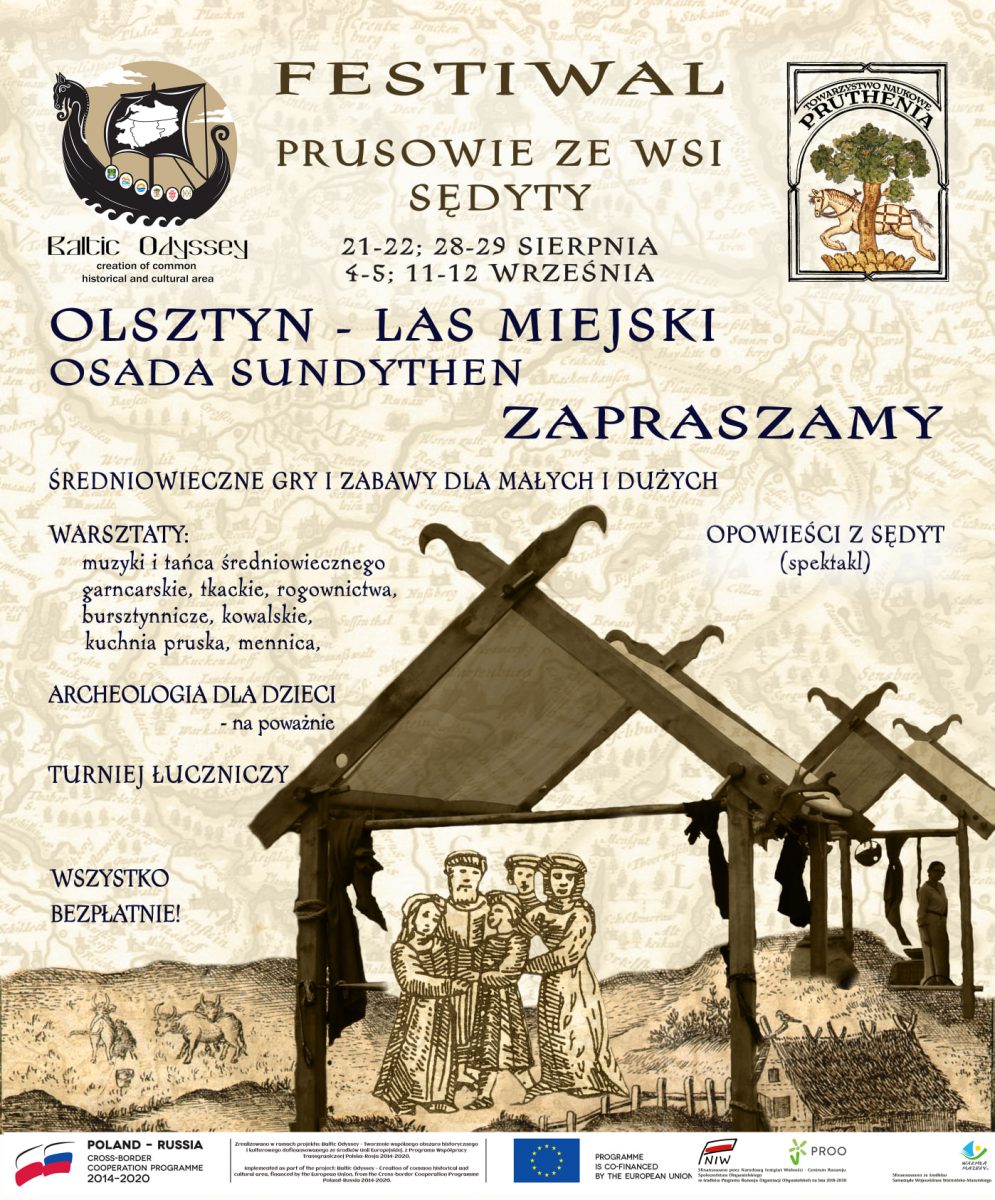 Plakat graficzny zapraszający do Lasu Miejskiego w Olsztynie na Festiwal Prusowie ze wsi Sędyty - Olsztyn Las Miejski 2021. Na plakacie napisy zapraszające na festiwal, program imprezy oraz graficzne postacie średniowiecznych mieszczan stojących pod wiatą.  