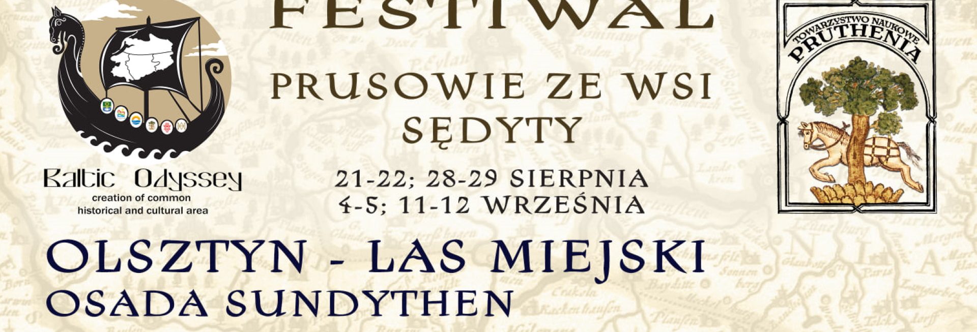 Plakat graficzny zapraszający do Lasu Miejskiego w Olsztynie na Festiwal Prusowie ze wsi Sędyty - Olsztyn Las Miejski 2021. Na plakacie napisy zapraszające na festiwal.