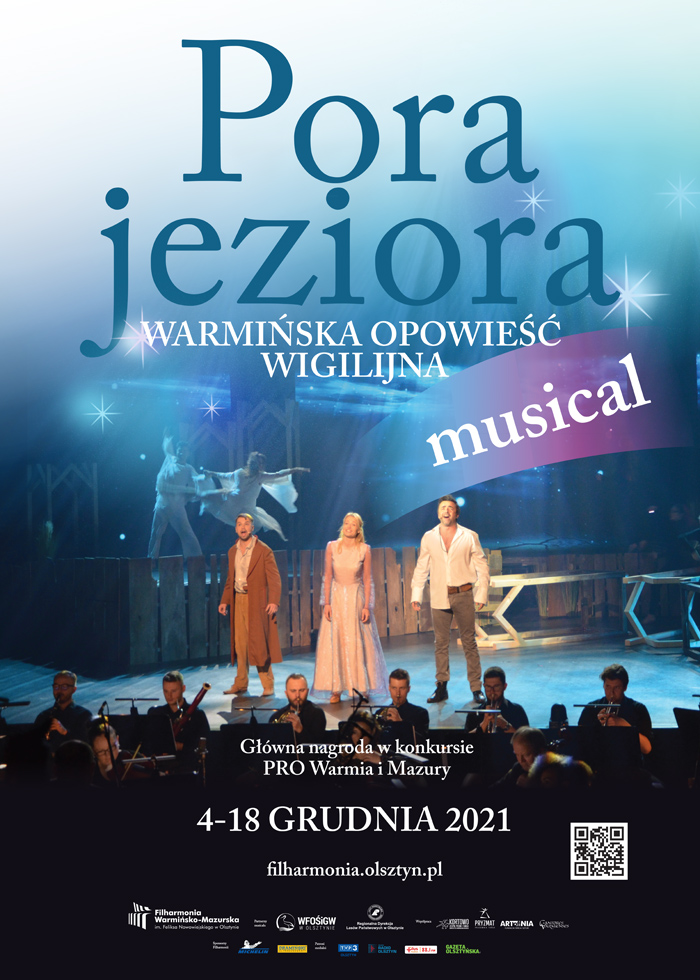 Plakat graficzny zapraszający do Olsztyna na koncert warmińska opowieść wigilijna "Pora jeziora" - Olsztyn 2021” organizowany przez Filharmonię Warmińsko-Mazurską.