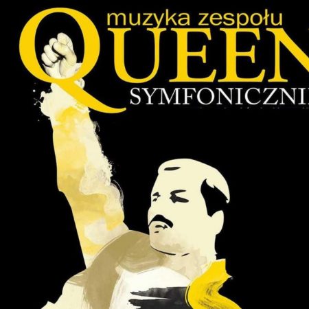 Plakat graficzny zapraszający na koncert muzyki zespołu QUEEN SYMFONICZNIE. 