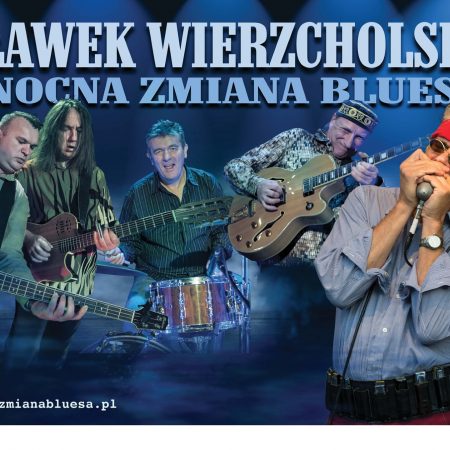 Plakat graficzny zapraszający do Olsztyna na koncert zespołu Nocna Zmiana Bluesa - Olsztyn 2021. Na zdjęciu zespół pięciu artystów zespołu Nocna zmiana bluesa podczas koncertów. 