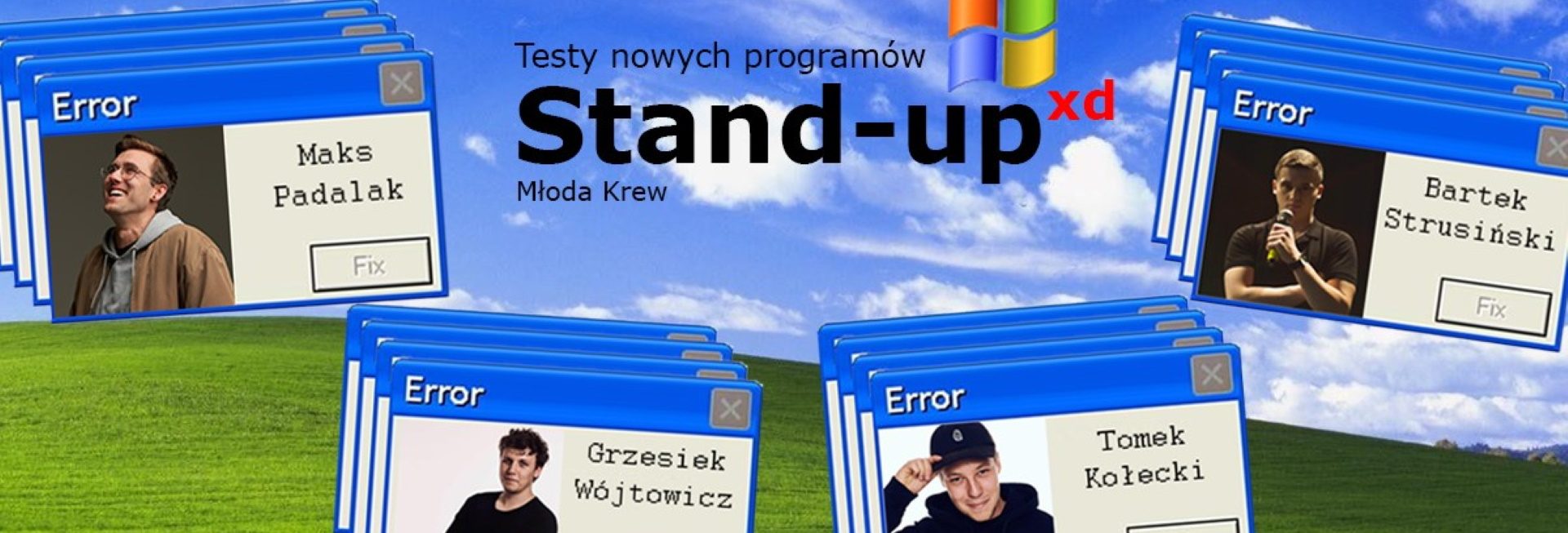 Plakat graficzny zapraszający do Olsztyna na występy Stand-up Olsztyn 2021: Młoda Krew. Na plakacie zdjęcia wykonawców. 