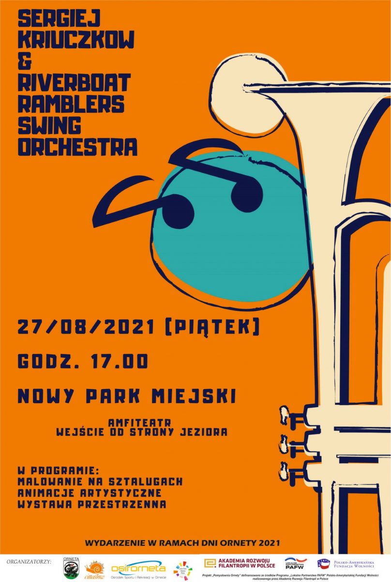 Plakat graficzny koncertu swing Orchestra odbywającego się podczas Dni Ornety. 