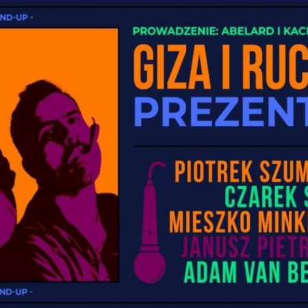 Plakat graficzny zapraszający do Ostródy na Stand-up Abelard Giza & Kacper Ruciński - Ostróda 2021. Na plakacie zdjęciu obu artystów oraz napisy zapraszające na występ.