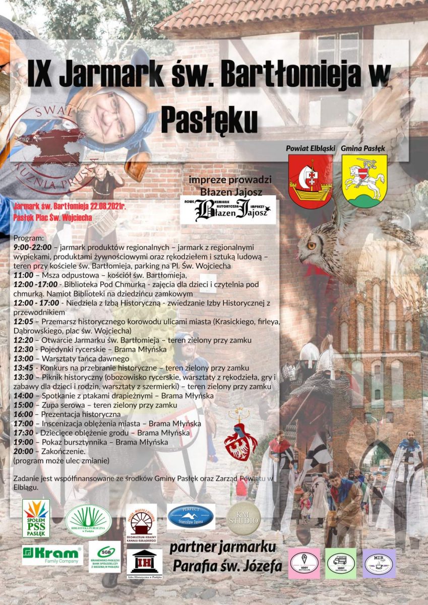 Plakat graficzny zapraszający do Pasłęka na cykliczną imprezę Jarmark św. Bartłomieja - Pasłęk 2021. Na plakacie szczegółowy program imprezy.
