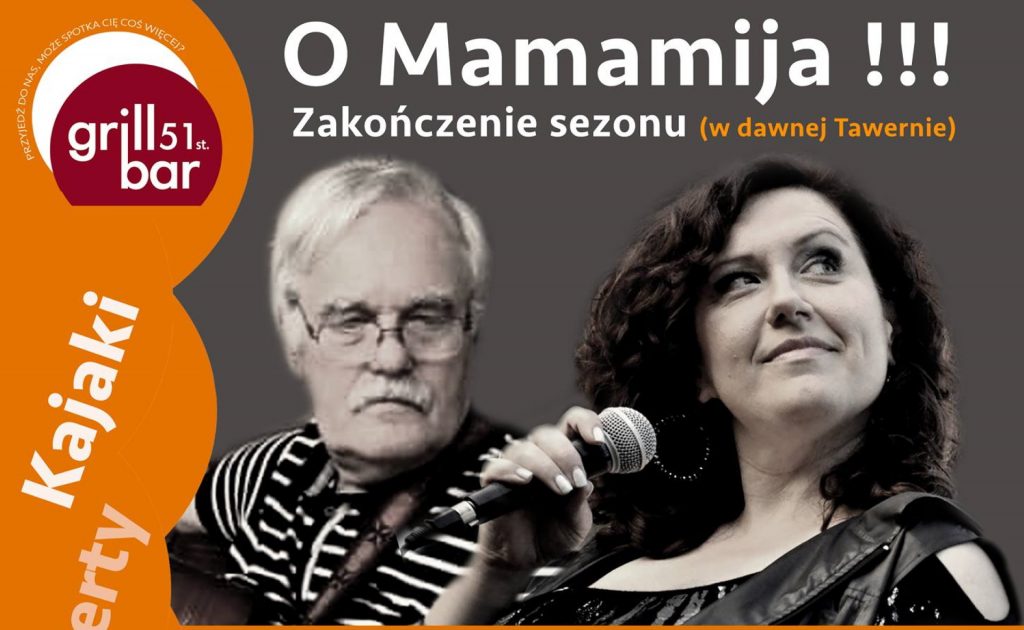Plakat graficzny zapraszający do miejscowości Spychowo na koncert "O Mamamija!!!" - zakończenie sezonu Spychowo-Bystrz 2021. Na plakacie zdjęcia wykonawców oraz napisy.