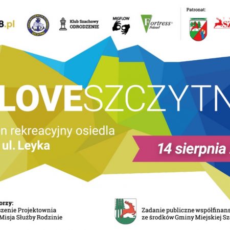 Plakat graficzny zapraszający na cykliczną imprezę Inspiracje Kulturalno-Sportowe #LoveSzczytno 2021. Na plakacie napisy zapraszające na imprezę. 