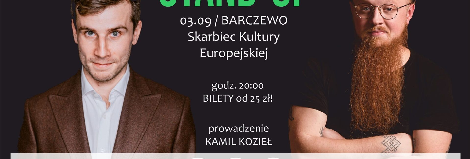 Plakat graficzny zapraszający do Barczewa na Stand-up: Bartosz Zalewski & Arkadiusz Jaksa Jakszewicz - Barczewo 2021. Na plakacie zdjęcia obu artystów.