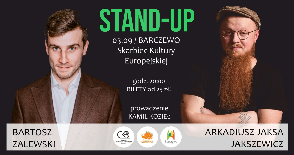 Plakat graficzny zapraszający do Barczewa na Stand-up: Bartosz Zalewski & Arkadiusz Jaksa Jakszewicz - Barczewo 2021. Na plakacie zdjęcia obu artystów.