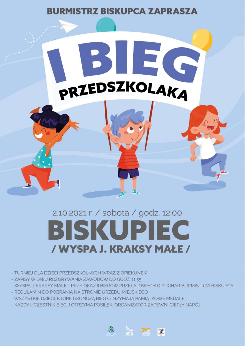 Plakat graficzny zapraszający do Biskupca na Biegi Przełajowe dla przedszkolaków o Puchar Burmistrza Biskupca 2021. 