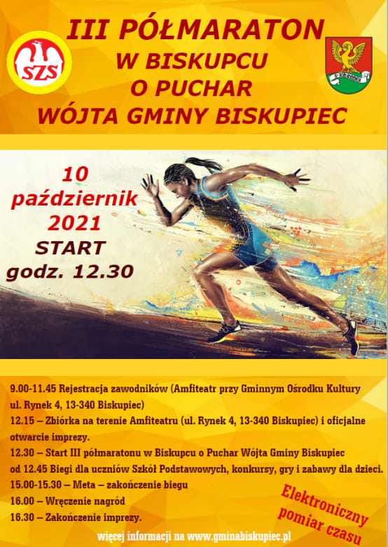 Plakat graficzny zapraszający do Biskupca na 3. edycję Półmaratonu w Biskupcu o Puchar Wójta Gminy Biskupiec 2021.