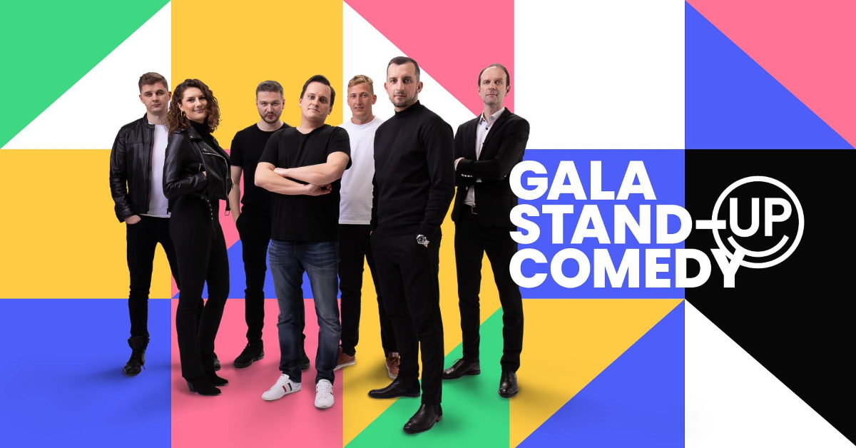 Plakat graficzny zapraszający do Elbląga na Galę Stand-up Comedy - Elbląg 2021. Na plakacie zdjęcia artystów i komików uczestniczących w wydarzeniu.