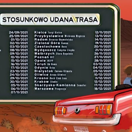 Plakat graficzny zapraszający do Ełku na koncert zespołu Nocny Kochanek "Stosunkowo Udana Trasa" - Ełk 2021. Na plakacie trasa koncertowa zespołu oraz grafika samochodu.   