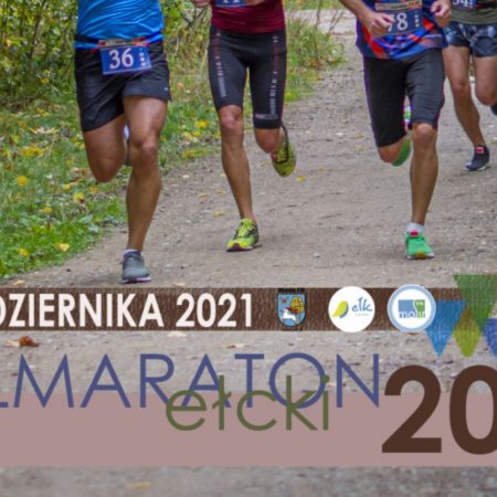 Plakat graficzny zapraszający do Ełku na 14. edycję Półmaratonu Ełckiego 2021.