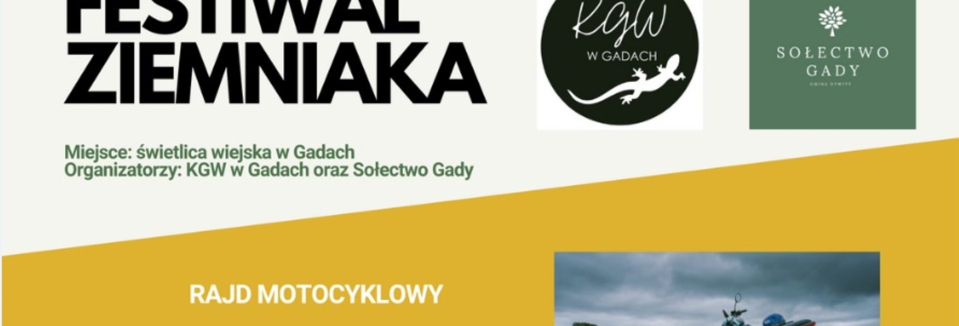 Plakat graficzny zapraszający do miejscowości Gady w gminie Dywity na Festiwal Ziemniaka - Gady 2021.