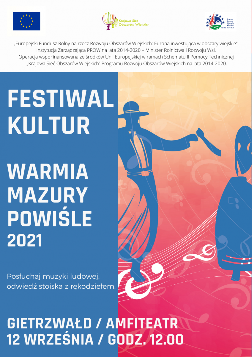 Plakat graficzny zapraszający miejscowości Gietrzwałd na Festiwal kultur – Warmia, Mazury, Powiśle - Gietrzwałd 2021. Na plakacie napisy oraz program imprezy. 