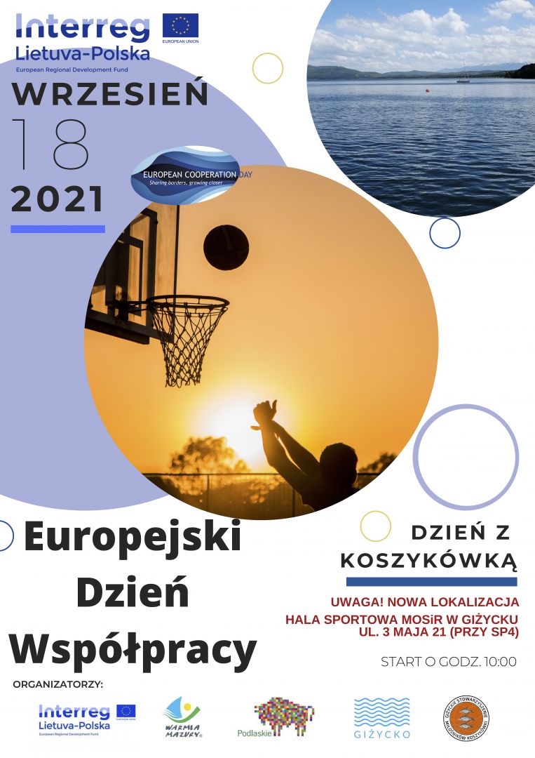 Plakat graficzny zapraszający do Giżycka na Europejski Dzień Współpracy - Giżycko 2021.