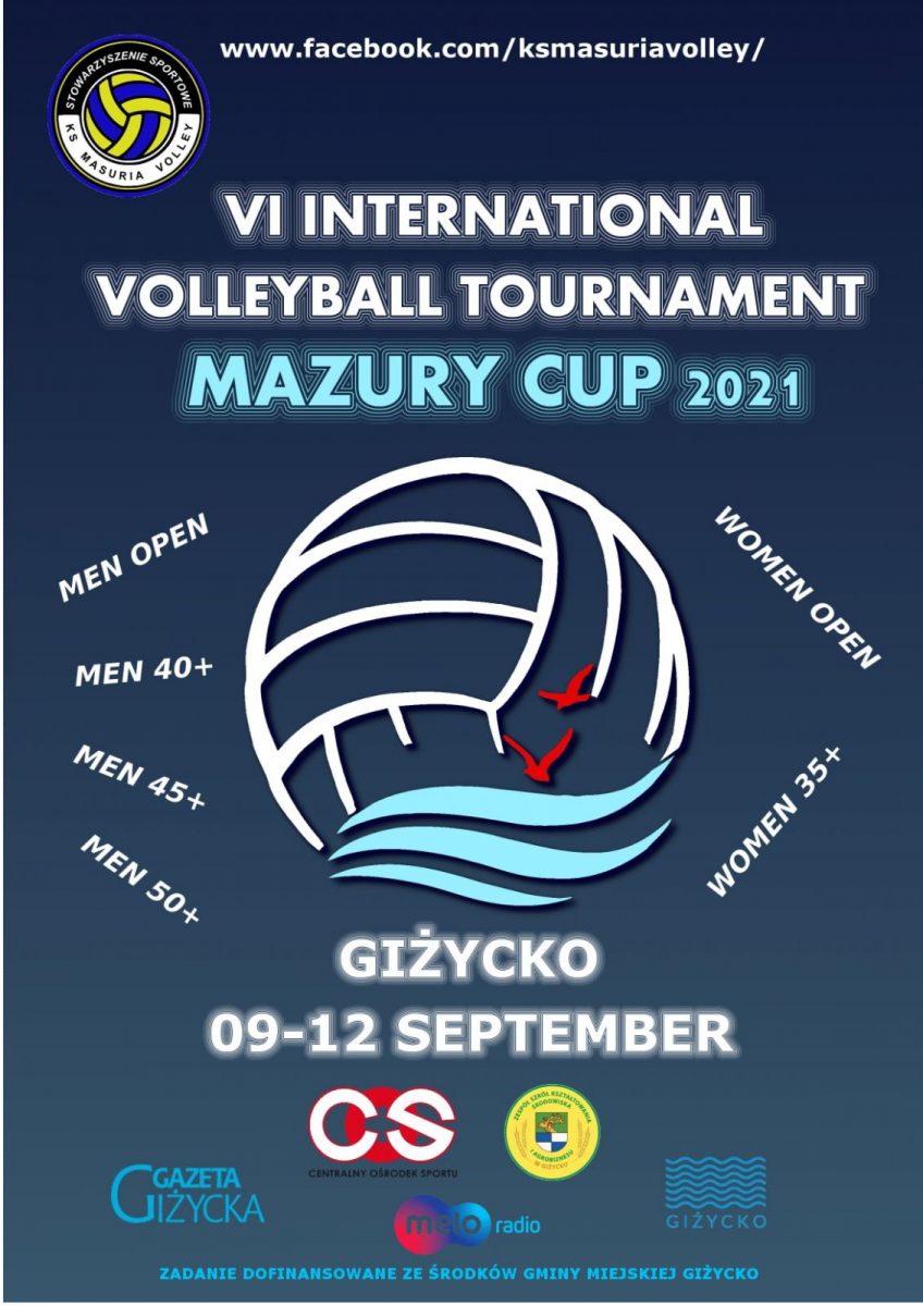 Plakat graficzny zapraszający do Giżycka na 6. edycję Międzynarodowego Turnieju Piłki Siatkowej "MAZURY CUP" - Giżycko 2021.