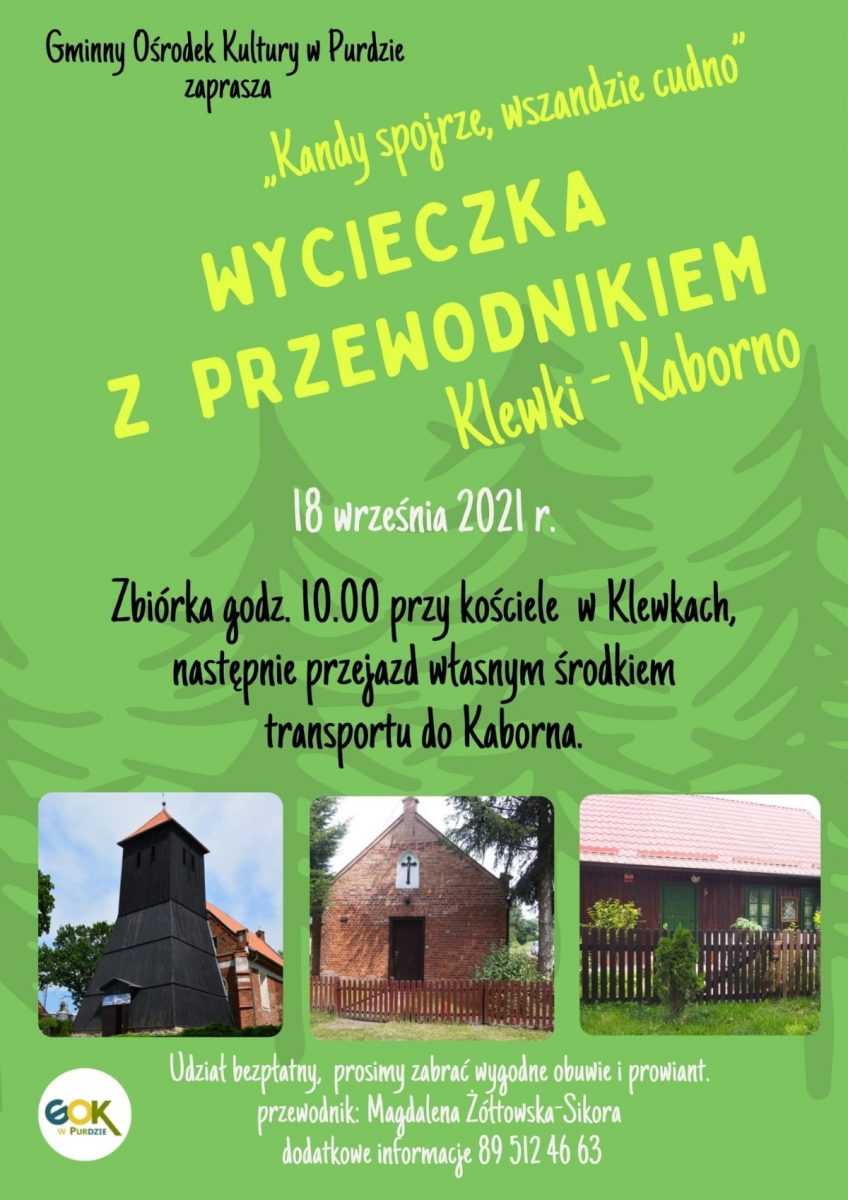 Plakat graficzny zapraszający na wycieczkę z przewodnikiem trasą Klewki - Kaborno 2021.
