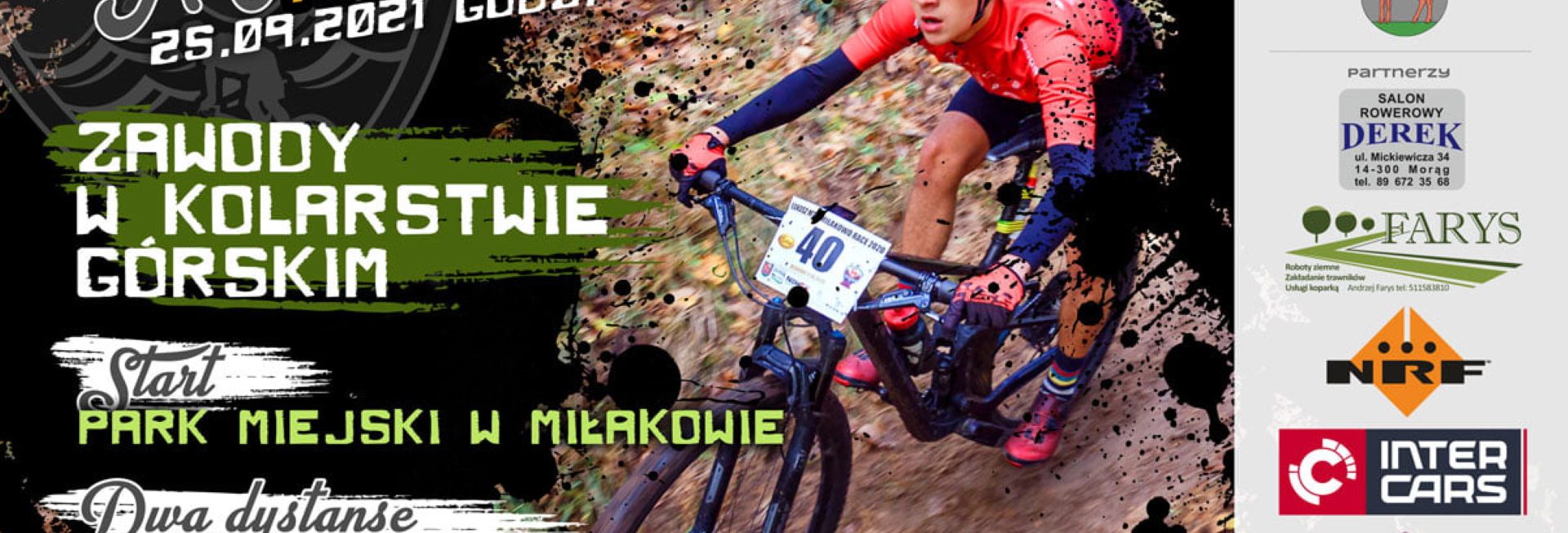 Plakat graficzny zapraszający do Miłakowa na zawody w kolarstwie górskim MTB Miłakowo 2021.
