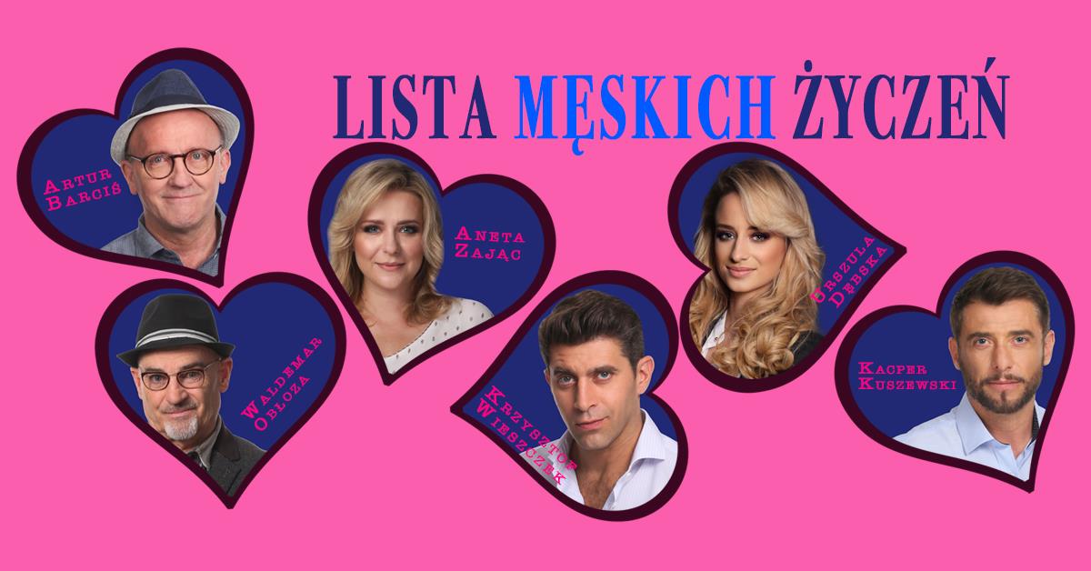 Plakat graficzny zapraszający do Olsztyna na spektakl komediowy "Lista męskich życzeń" - Olsztyn 2021. Na plakacie zdjęcia aktorów występujących w przedstawieniu.   