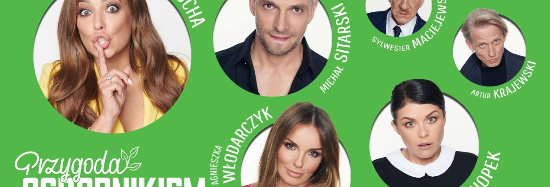 Plakat graficzny zapraszający do Olsztyna na spektakl komediowy "Przygoda z ogrodnikiem" - Olsztyn 2021. Na plakacie sześć zdjęć aktorów występujących podczas przedstawienia.    