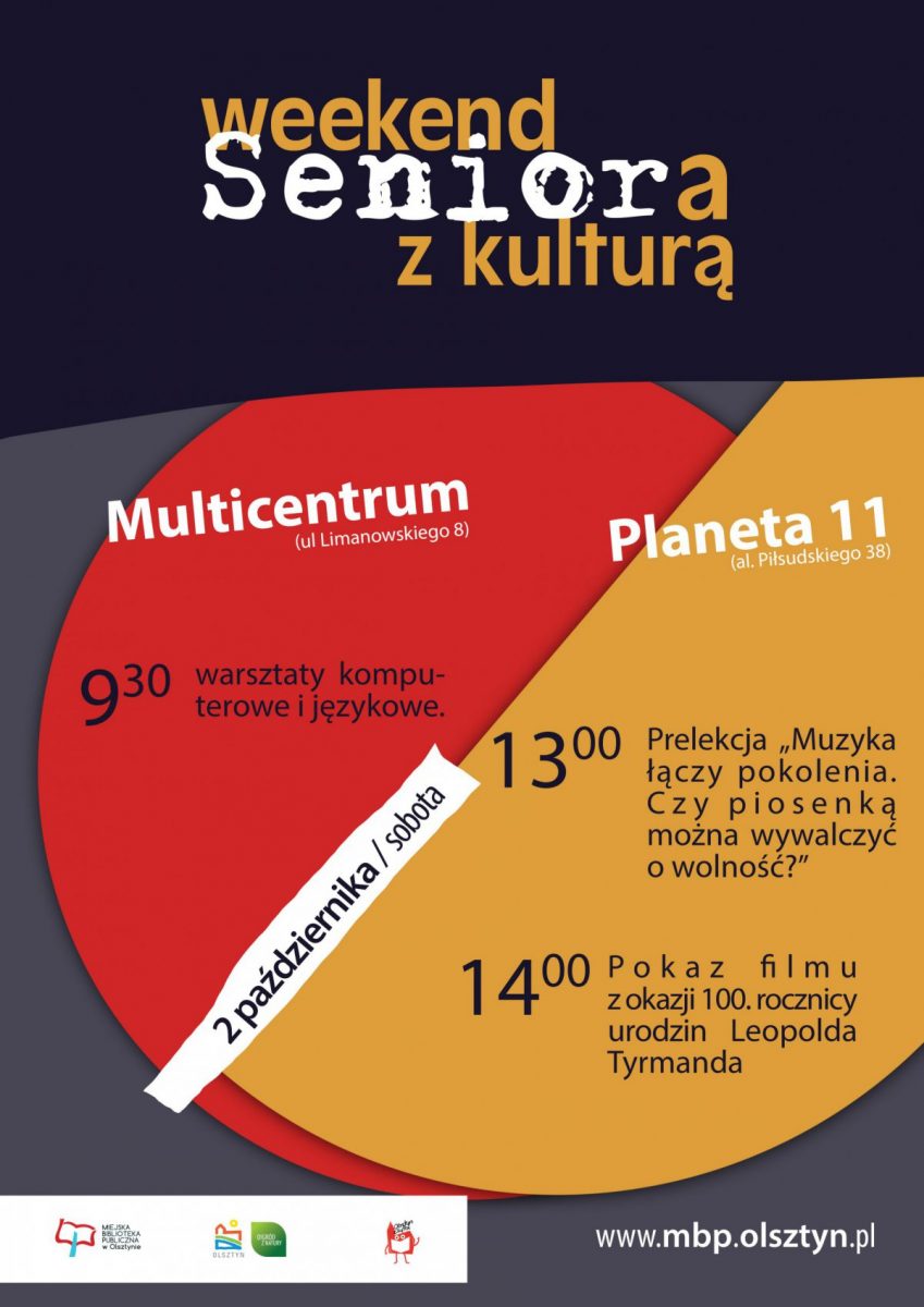 Plakat graficzny zapraszający do Olsztyna na weekend seniora z kulturą w Olsztynie 2021. 