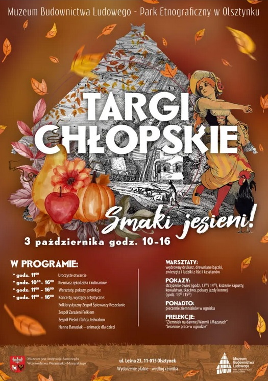 Plakat graficzny zapraszający do Muzeum Budownictwa Ludowego w Olsztynku na Targi Chłopskie "Smaki jesieni" - Skansen w Olsztynku 2021.