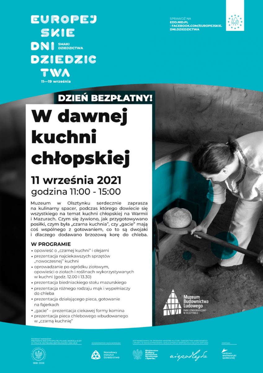 Plakat graficzny zapraszający do Muzeum Budownictwa Ludowego w Olsztynku na Europejskie Dni Dziedzictwa „Smaki Dziedzictwa” - Muzeum w Olsztynku 2021. Na plakacie szczegółowy program imprezy.