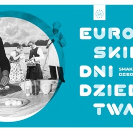 Plakat graficzny zapraszający do Muzeum Budownictwa Ludowego w Olsztynku na Europejskie Dni Dziedzictwa „Smaki Dziedzictwa” - Muzeum w Olsztynku 2021. Na plakacie napisy.