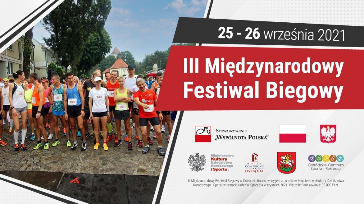 Plakat graficzny zapraszający do Ostródy na 3. edycję Międzynarodowego Polonijnego Festiwalu Biegowego - Ostróda 2021.