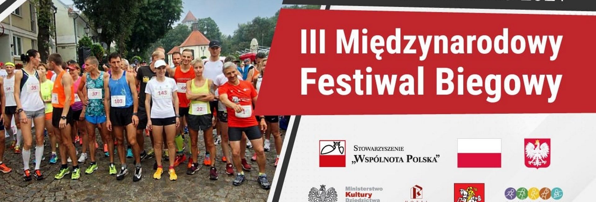 Plakat graficzny zapraszający do Ostródy na 3. edycję Międzynarodowego Polonijnego Festiwalu Biegowego - Ostróda 2021.