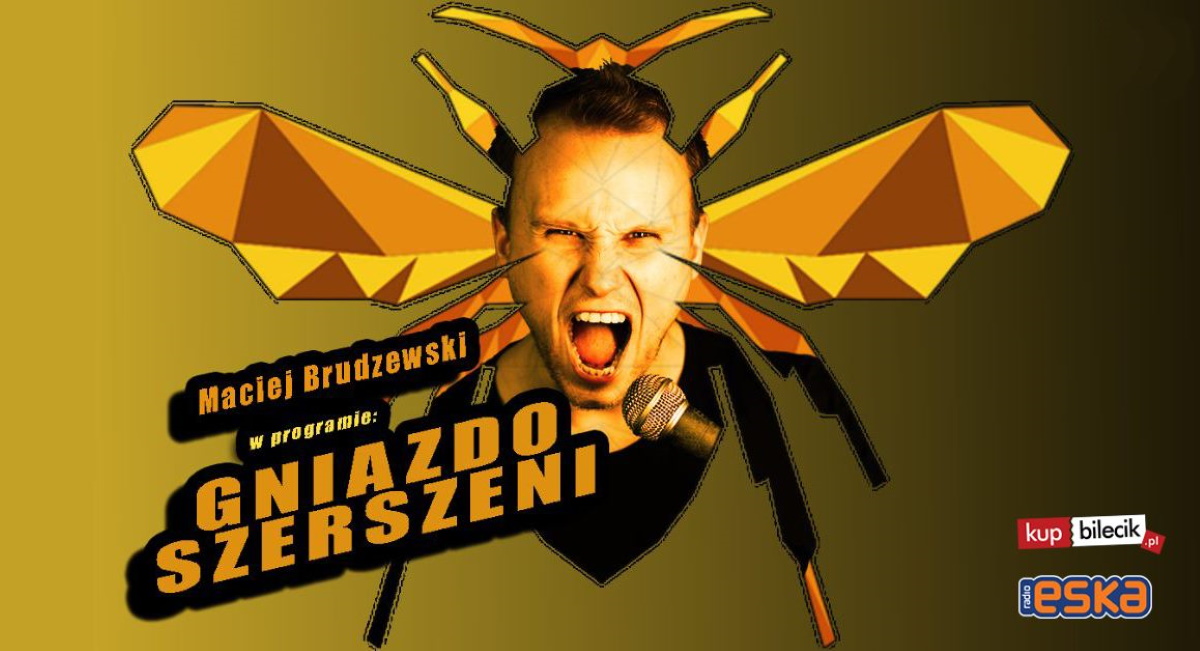 Plakat graficzny zapraszający na występ Stand-up: Maciej Brudzewski. 