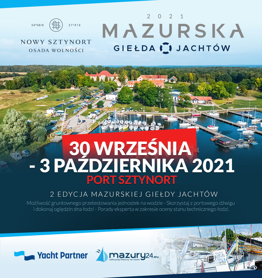 Plakat graficzny zapraszający do Portu w Sztynorcie na 2. edycję Mazurskiej Giełdy Jachtów – Port Sztynort 2021.