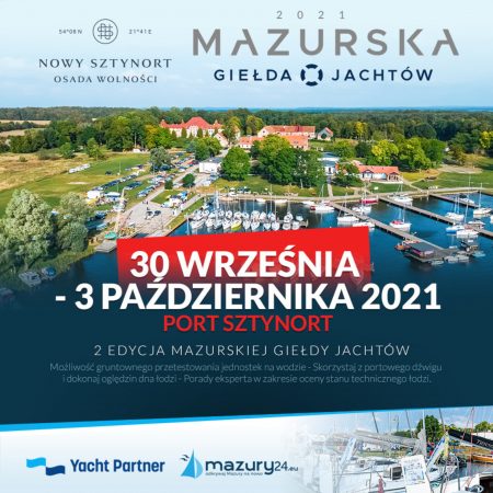 Plakat graficzny zapraszający do Portu w Sztynorcie na 2. edycję Mazurskiej Giełdy Jachtów – Port Sztynort 2021.
