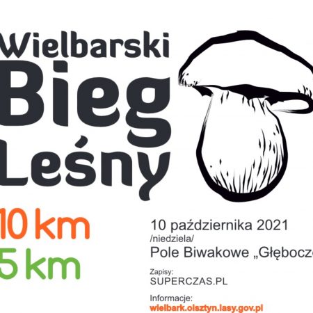 Plakat graficzny zapraszający na 2.edycję zawodów biegowych – Wielbarski Bieg Leśny 2021.